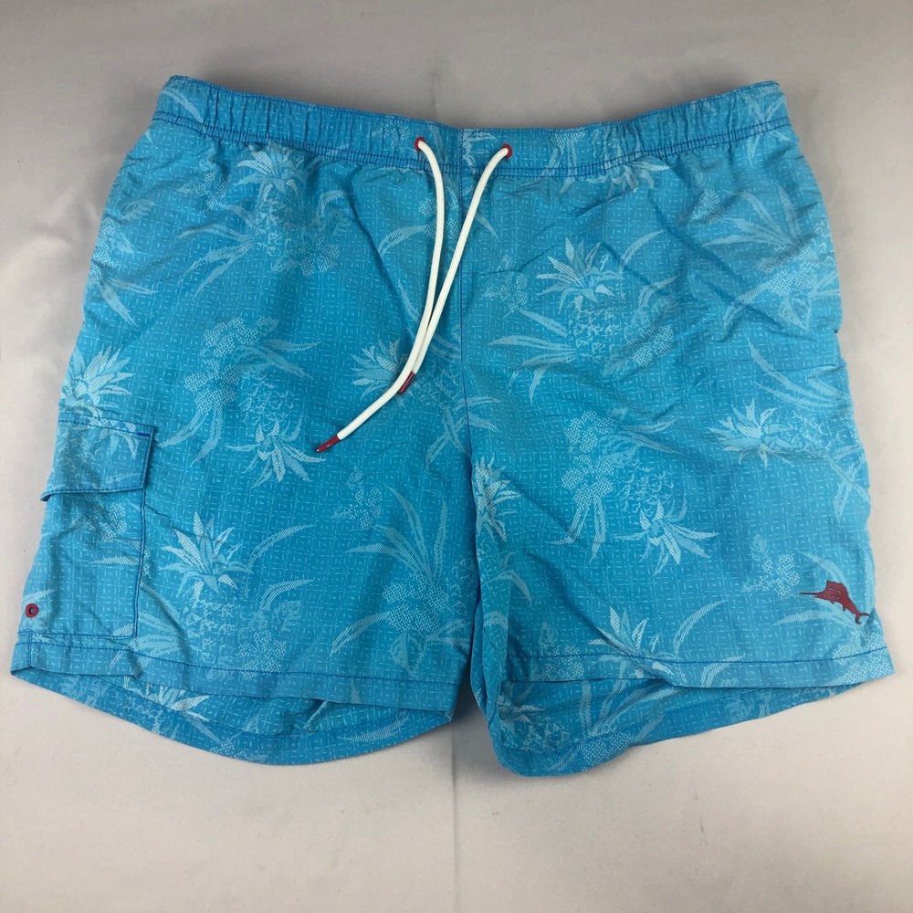 Tommy Bahama Swim Shorts Mens XL Blue Hawaiian Print Mesh Lined Trunks